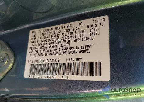 2014 Honda Crosstour Ex-L V6 from USA, damaged, VIN 5J6TF2H51EL000273